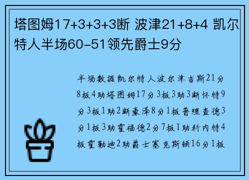 塔图姆17+3+3+3断 波津21+8+4 凯尔特人半场60-51领先爵士9分