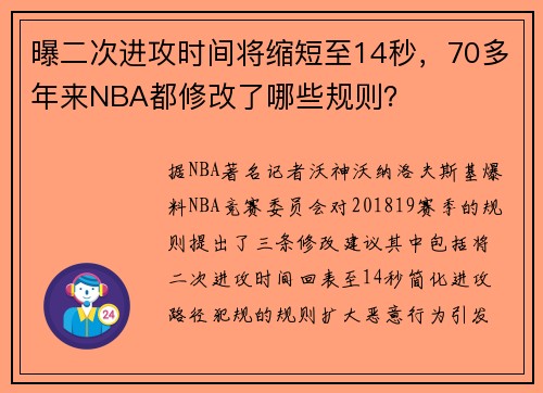 曝二次进攻时间将缩短至14秒，70多年来NBA都修改了哪些规则？